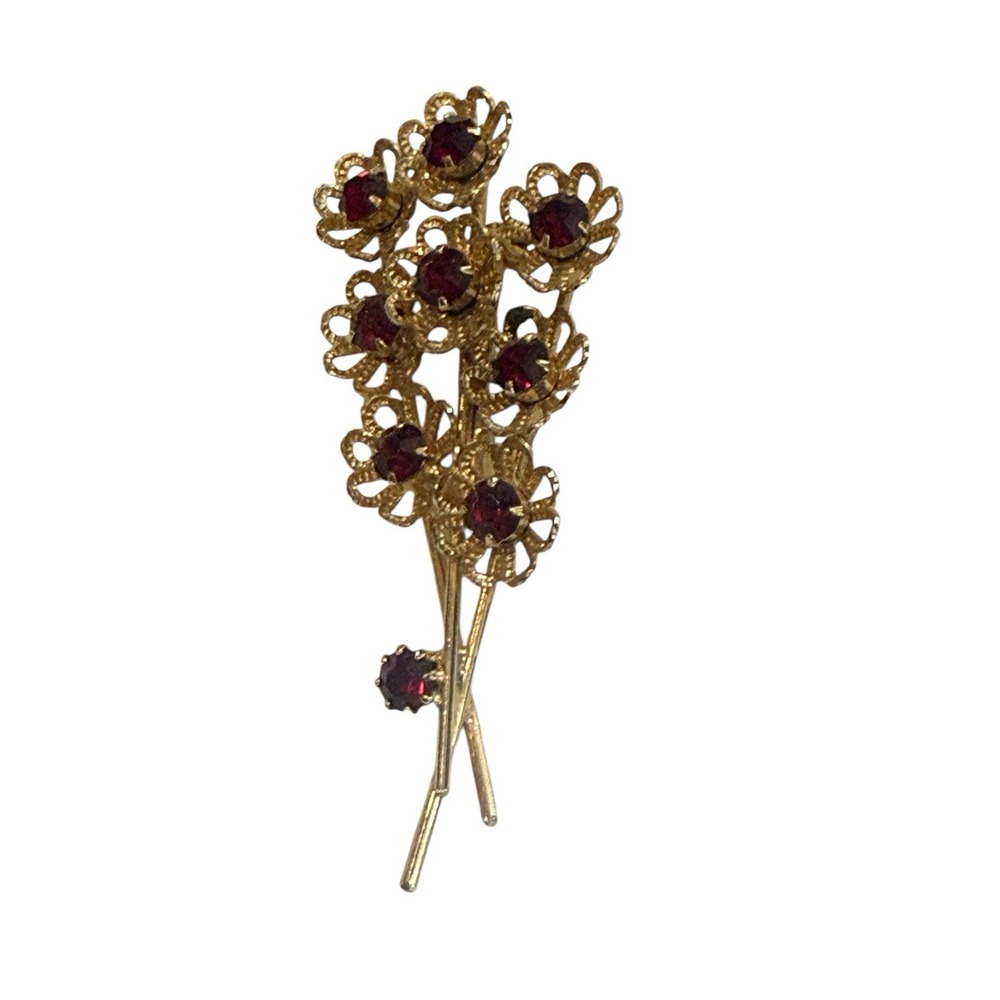 Vtg Gold Tone Flower Bouquet Brooch Red Rhinestone Floral Pin Costume Jewelry